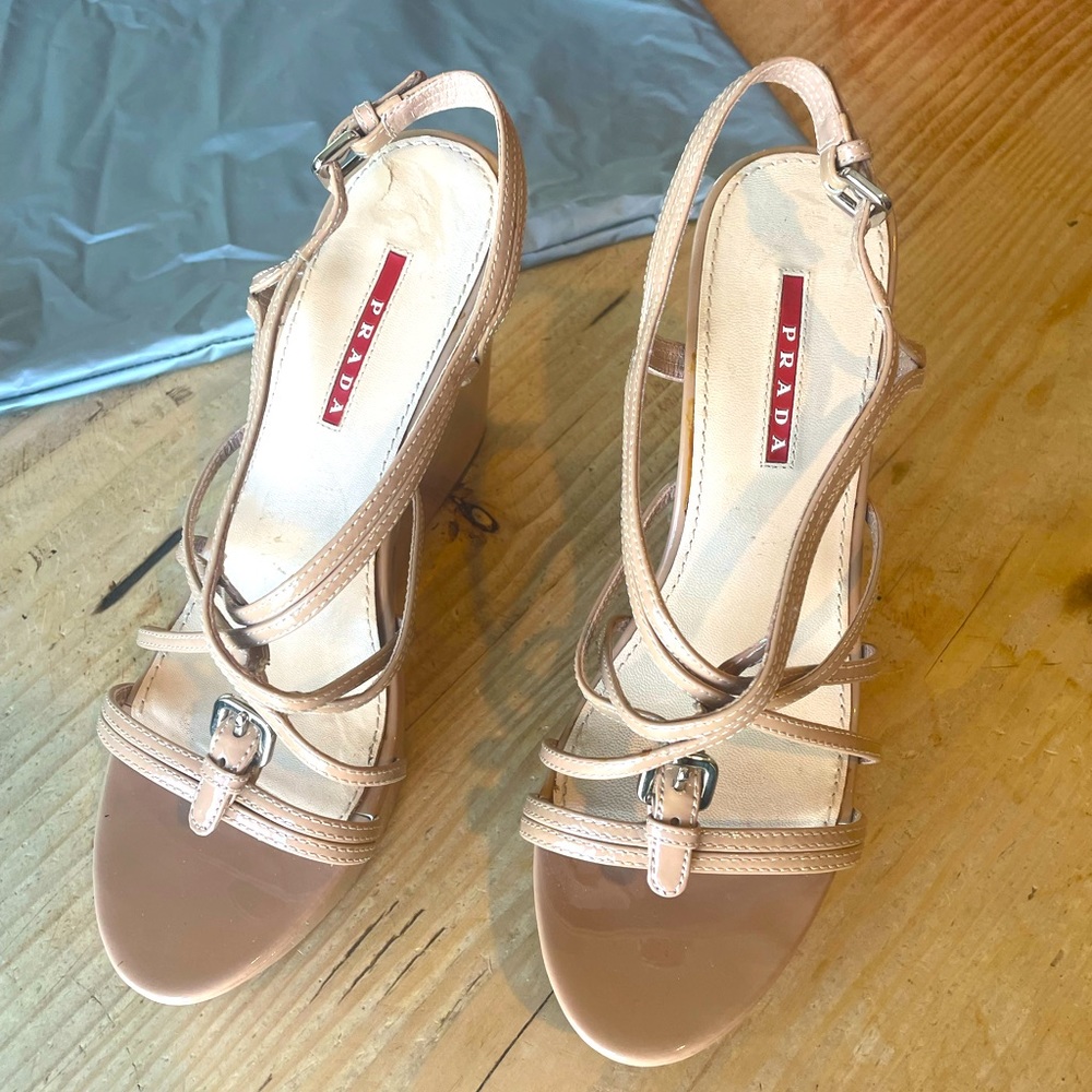 - Authentic Prada Nude Patent Leather Wedge Platf… - image 1